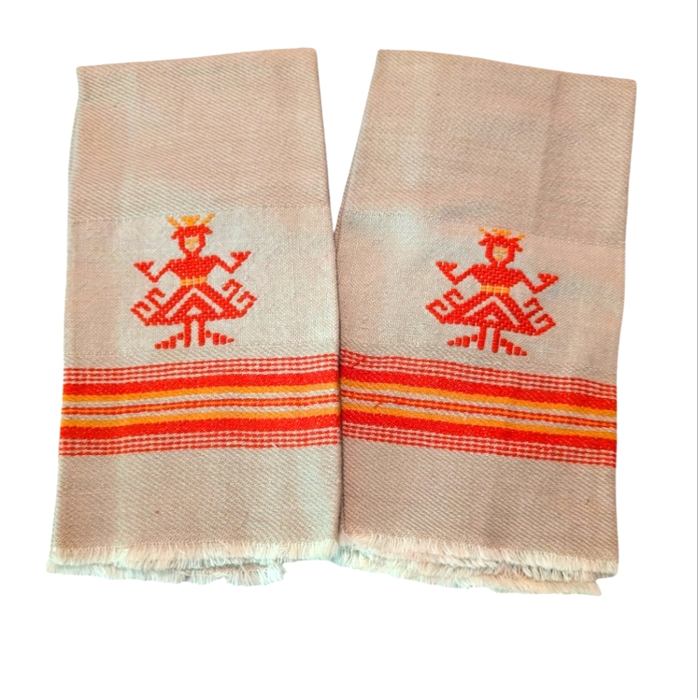 Vintage Handwoven Embroidered Towel Set Tan Orange